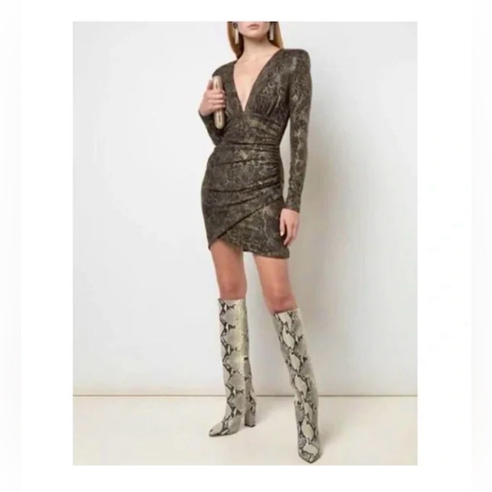 Alice + Olivia Women’s Gold Diaz Ruched Snake Print Mini Dress. Size 8 SKU 586
